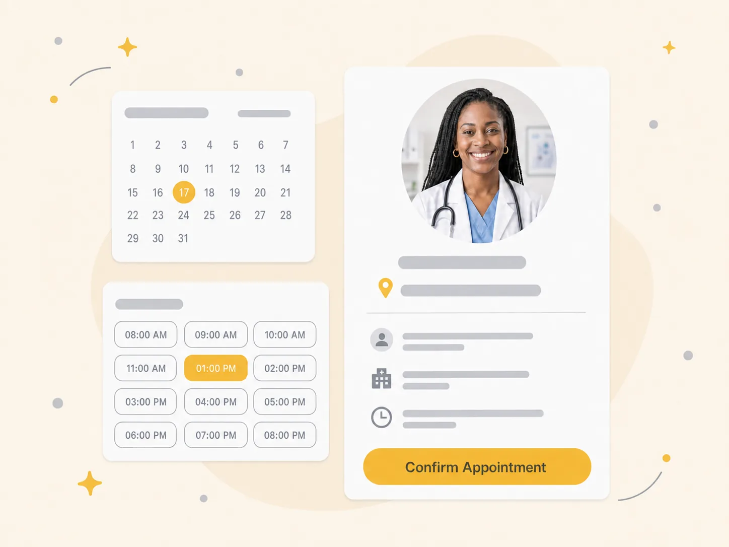 Booking an in-clinic appointment: a calendar, a list of available time slots and the profile of the doctor being booked
