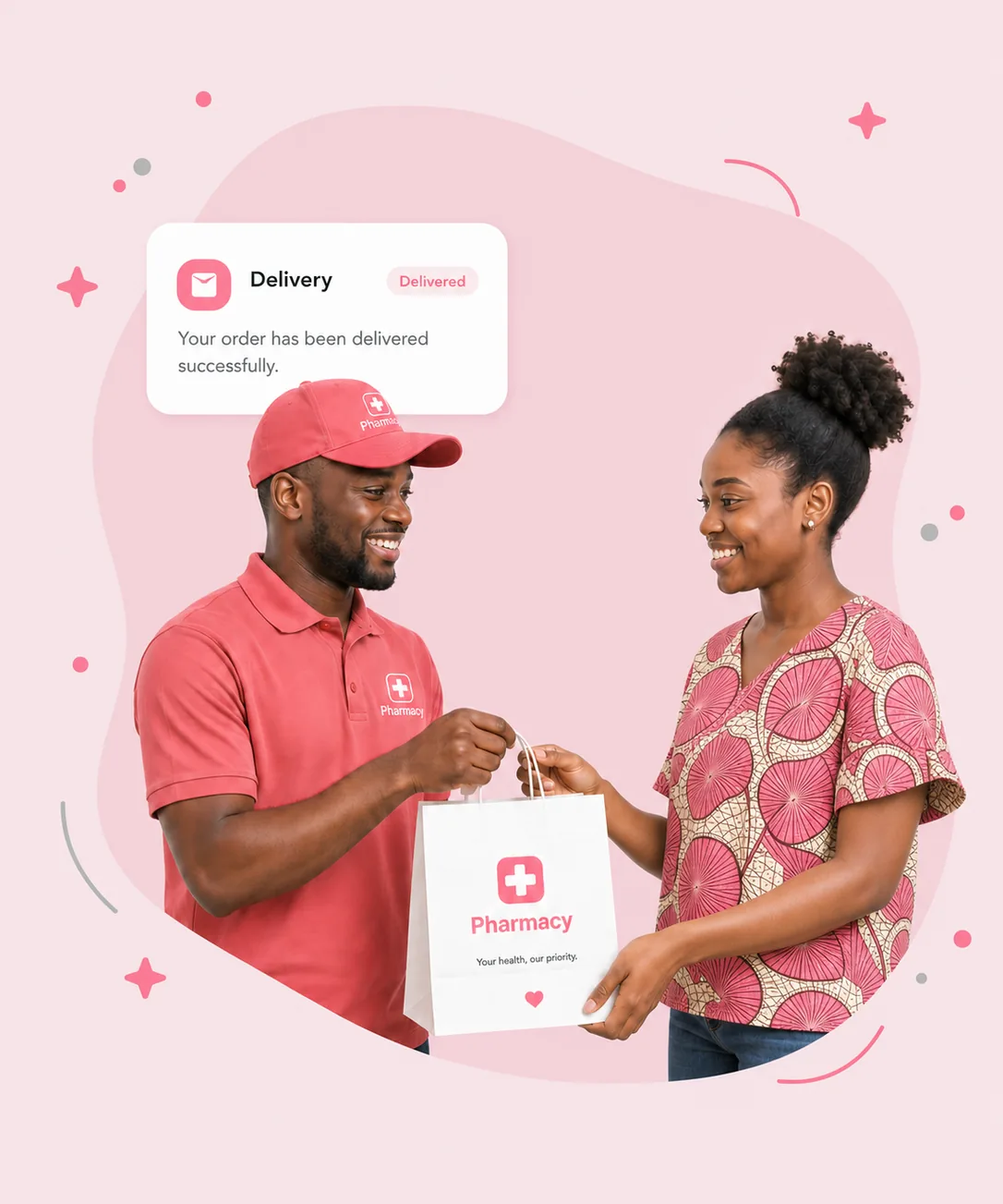 A pharmacy courier handing a bag of prescription medicine to a smiling customer, with a delivery confirmation notice above them