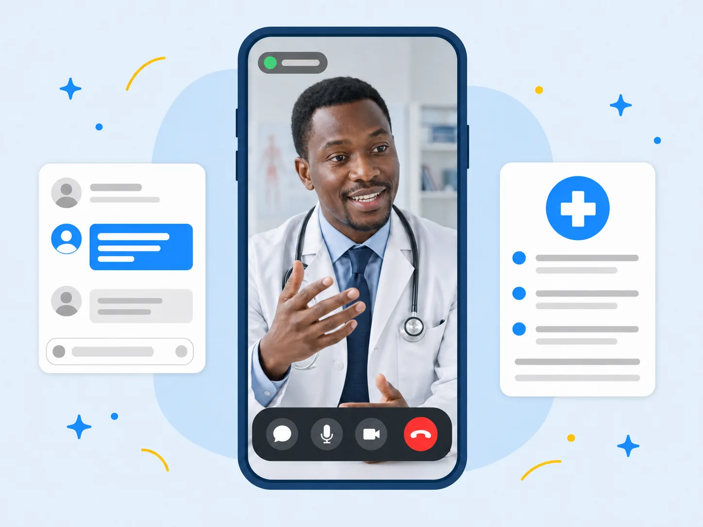 A doctor speaking to a patient during a video consultation on a smartphone, with the in-app chat thread beside it