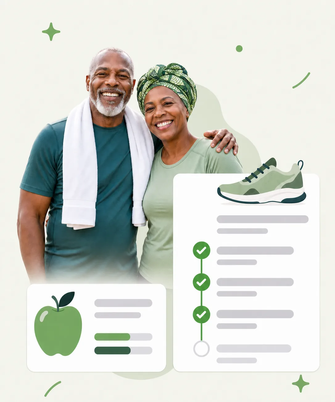 An older couple in workout clothes beside a wellness plan showing completed daily health goals